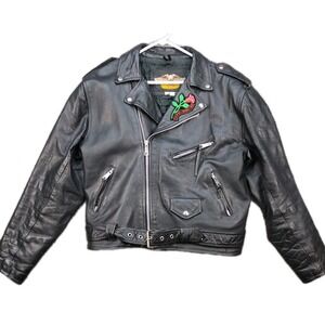 Y2K Leather Gold LG Genuine Cross Zip Leather Motorcycle Biker Jacket SZ. 42 HD